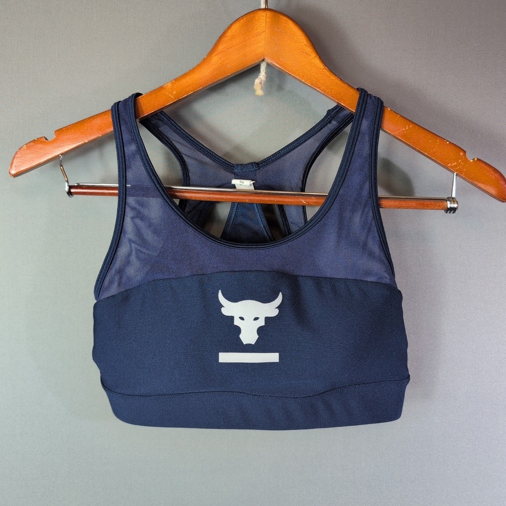 Under Armour Project Rock Sm Navy Sports Bra Athleisure Workout Crossfit Yoga